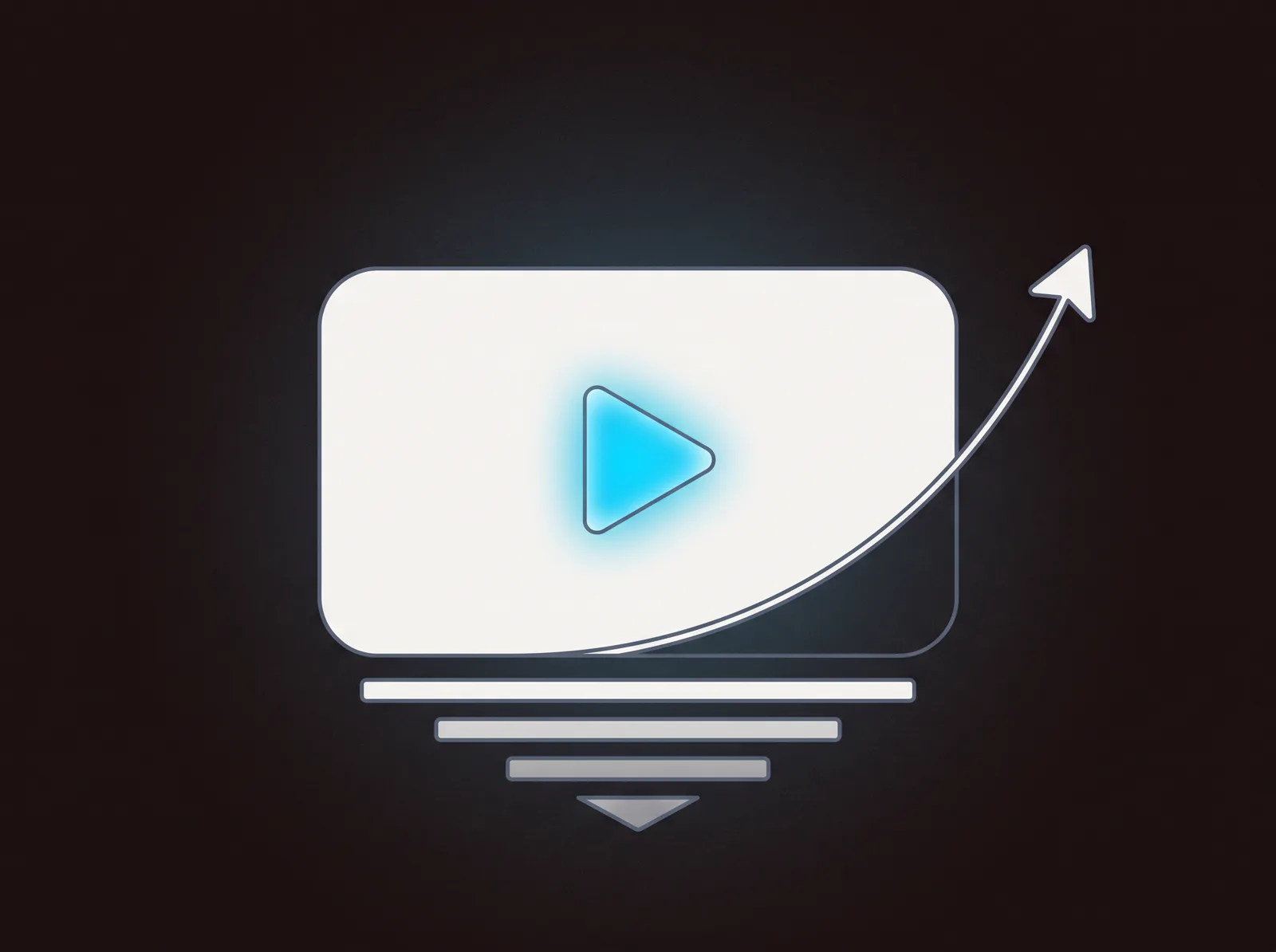 A video frame with a glowing play button, a rising retention curve, and a narrowing funnel of bars beneath it