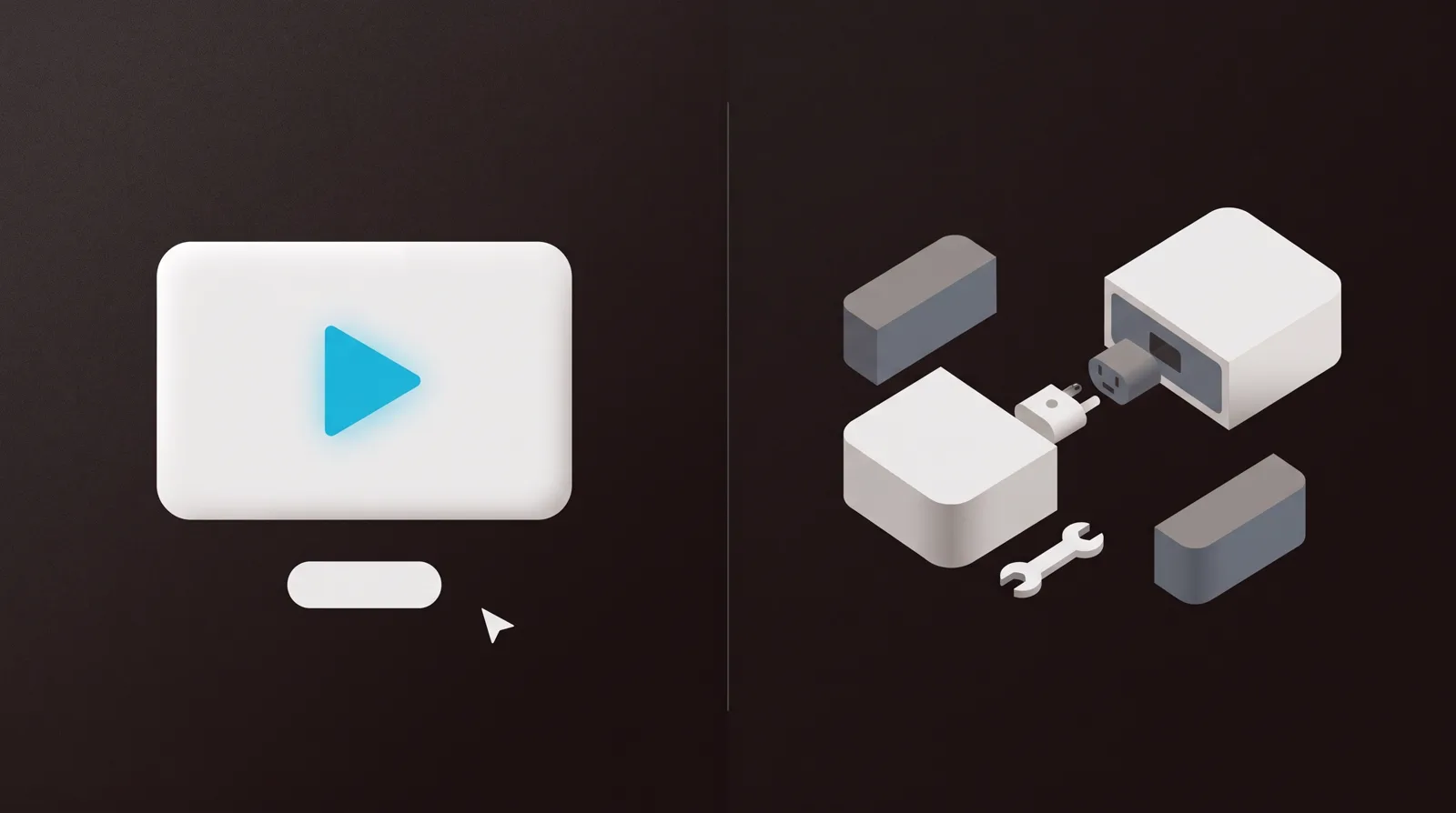 A finished video player with a play button and a call-to-action on the left, and loose modular blocks with a connector and a wrench waiting to be assembled on the right.