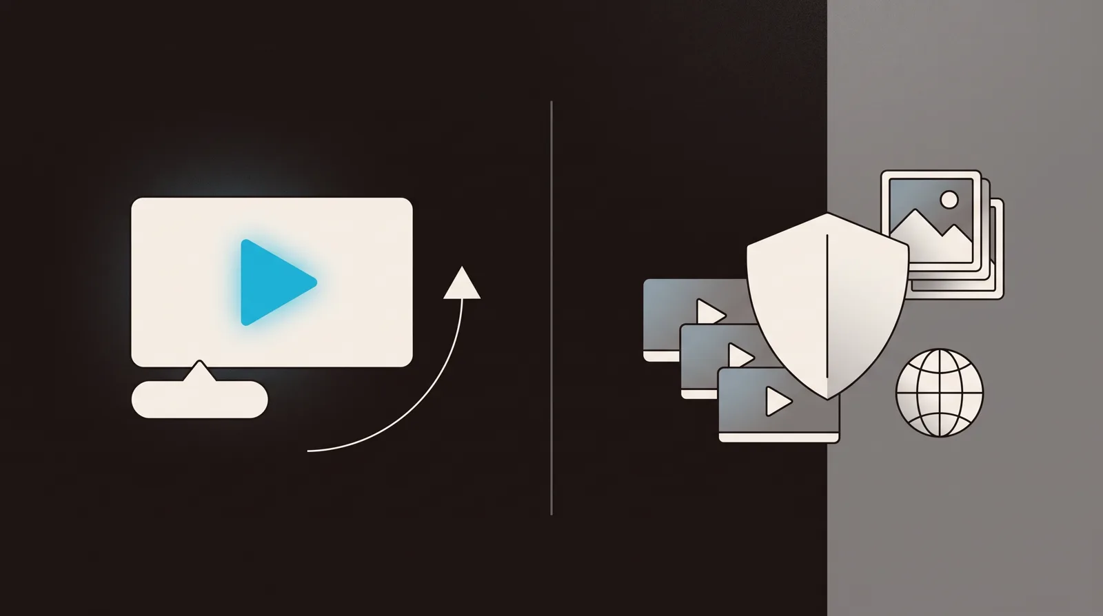 A finished video player with a play button and a call-to-action badge on the left, and a protective shield over stacks of video and image tiles with a globe on the right, split by a divider.