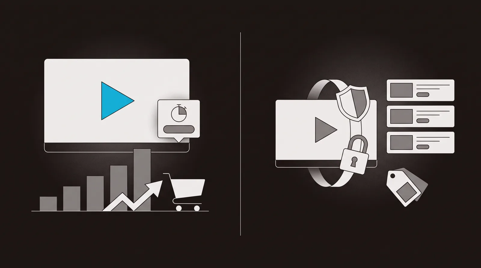 Split illustration: a selling video player with a timed call-to-action button and cart on the left, a padlocked course video with lessons and a price tag on the right.