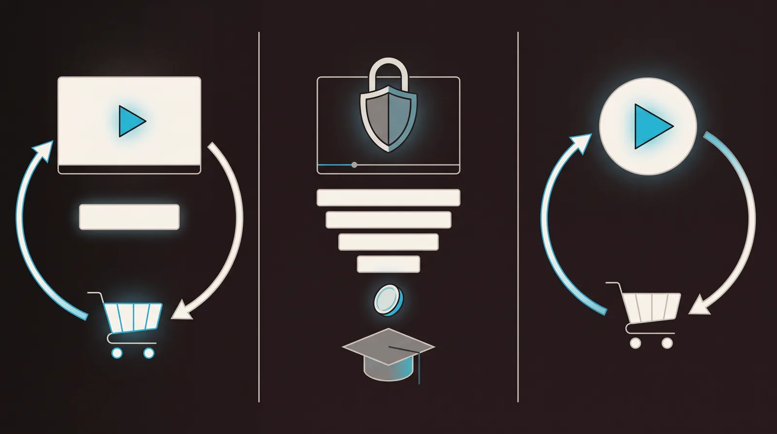Three lanes: a selling video reaching a cart, a padlocked course video with lessons and a paywall, and a play whose sale loops back to the play that earned it.