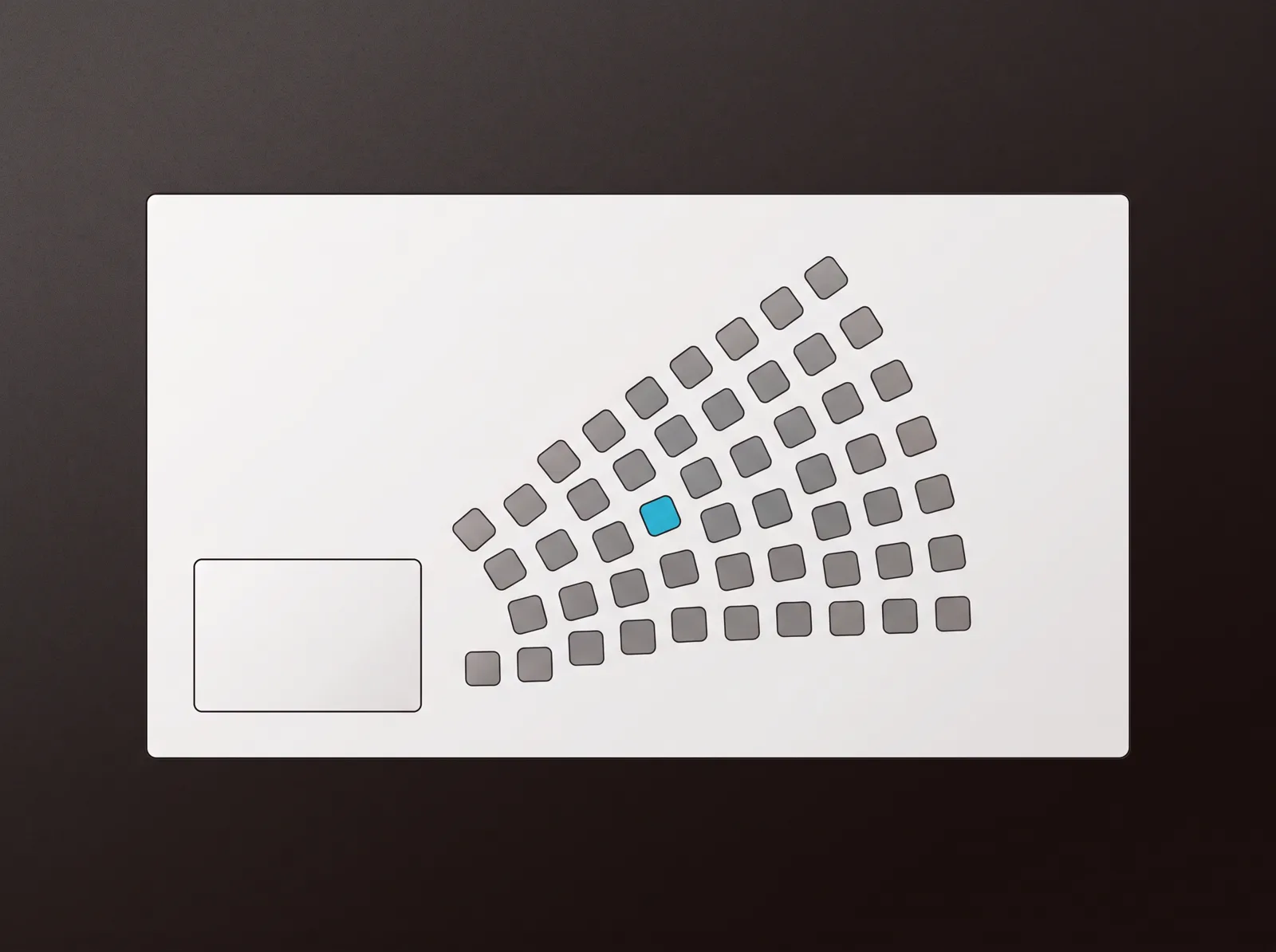 A presentation screen with a small presenter tile and a grid of audience squares, one highlighted crimson