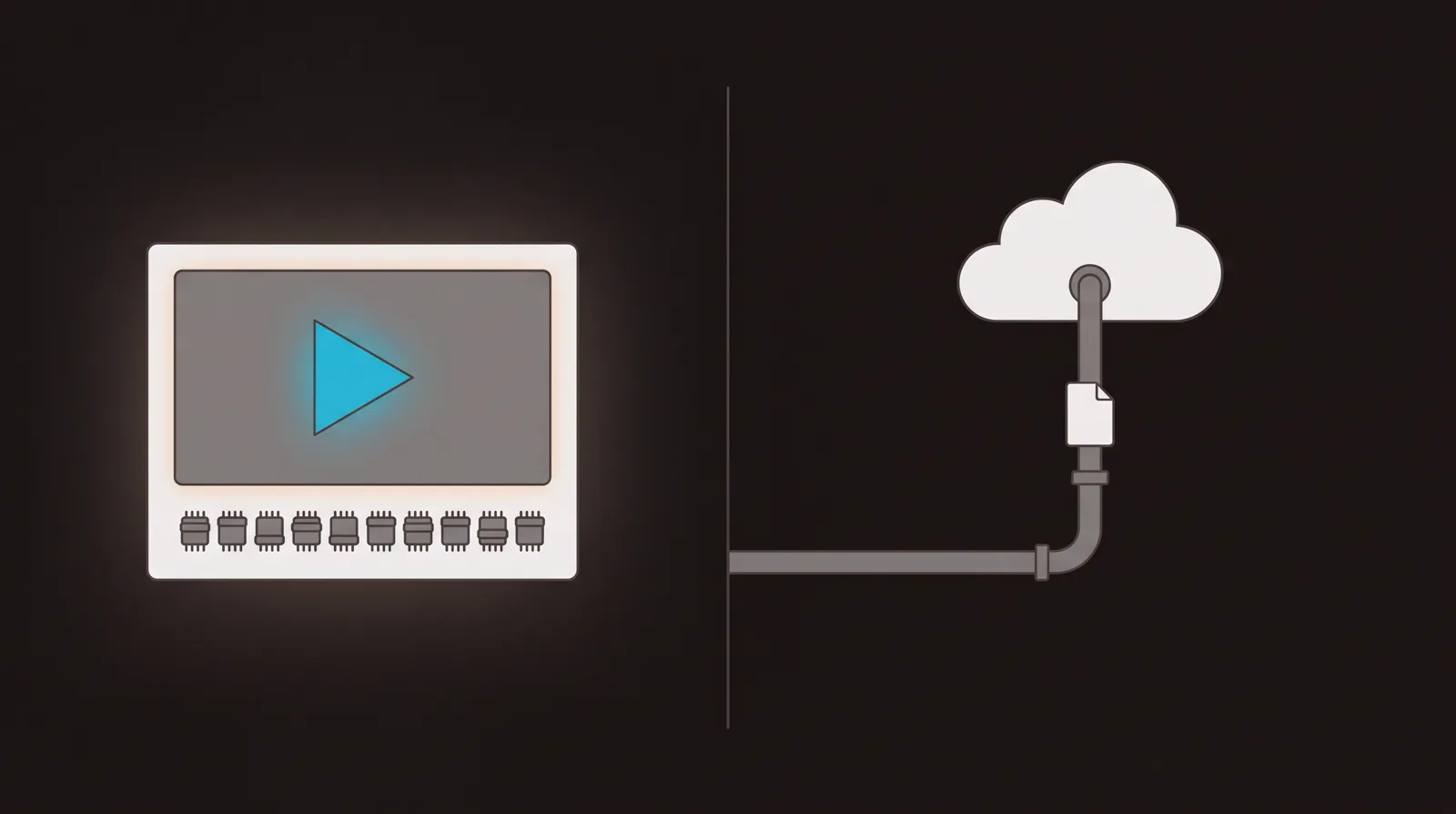 A complete media player console on the left against a single bare delivery pipe feeding a cloud on the right, split by a divider.