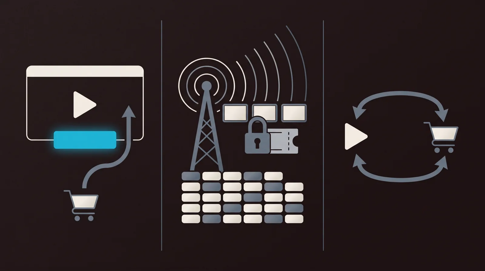 Three lanes: a landing-page sales video with a CTA and conversion curve into a cart, a broadcast tower fanning a live signal to screens behind a paywall gate with a content library below, and a single play joined to a cart by a two-way loop.
