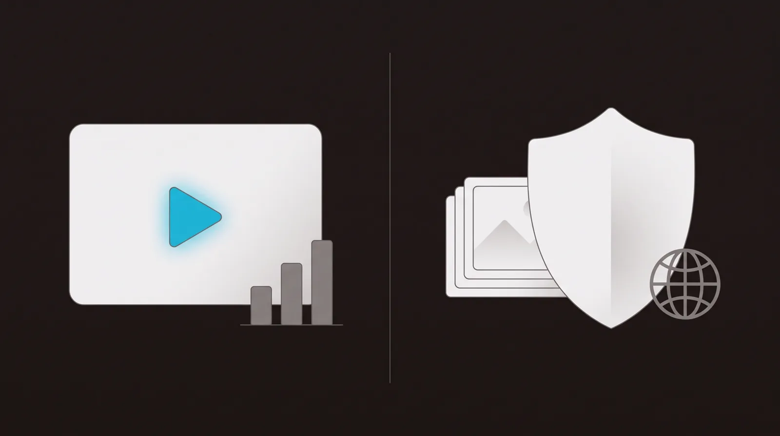 A media player with a rising conversion chart on the left against a protective shield over a stack of image tiles and a globe on the right, split by a divider.