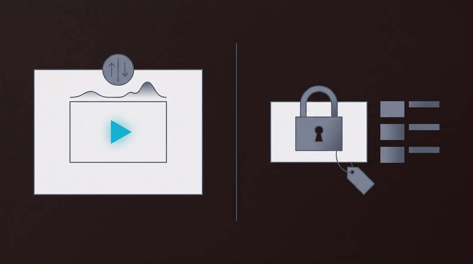 A conversion video player with a heatmap curve and an A/B split badge on one side, and a padlocked video with a price tag and course lessons on the other.