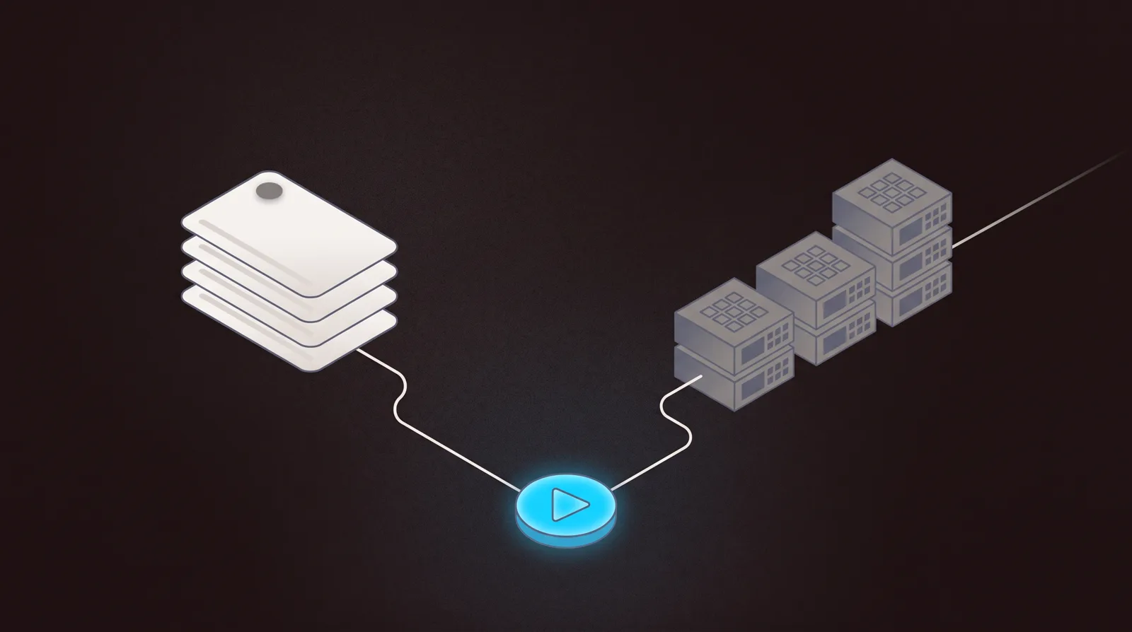 Two video paths split from one play button: a polished sales-workflow card on one side and modular delivery blocks on the other.