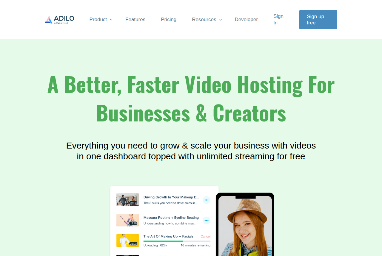 The Adilo home page, headlined a better, faster video hosting for businesses and creators, with a Sign up free button