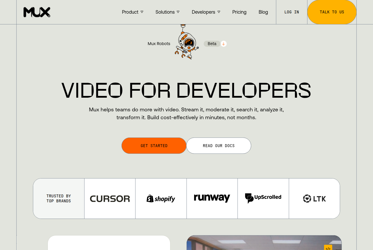 The Mux homepage, headed Video for developers, with Get started and Read our docs buttons beside a code snippet that embeds a video with a few lines of React.