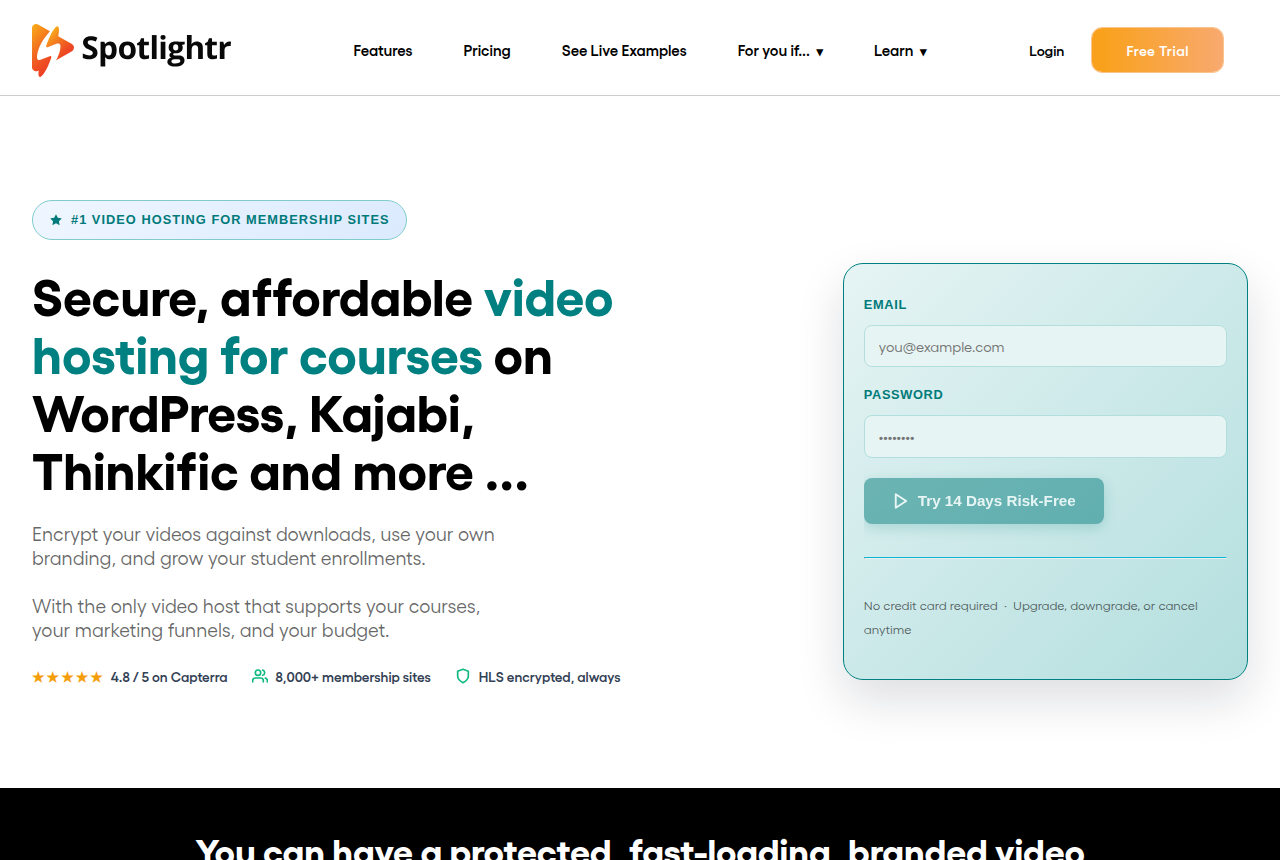 The Spotlightr home page, headlined secure, affordable video hosting for courses on WordPress, Kajabi and Thinkific