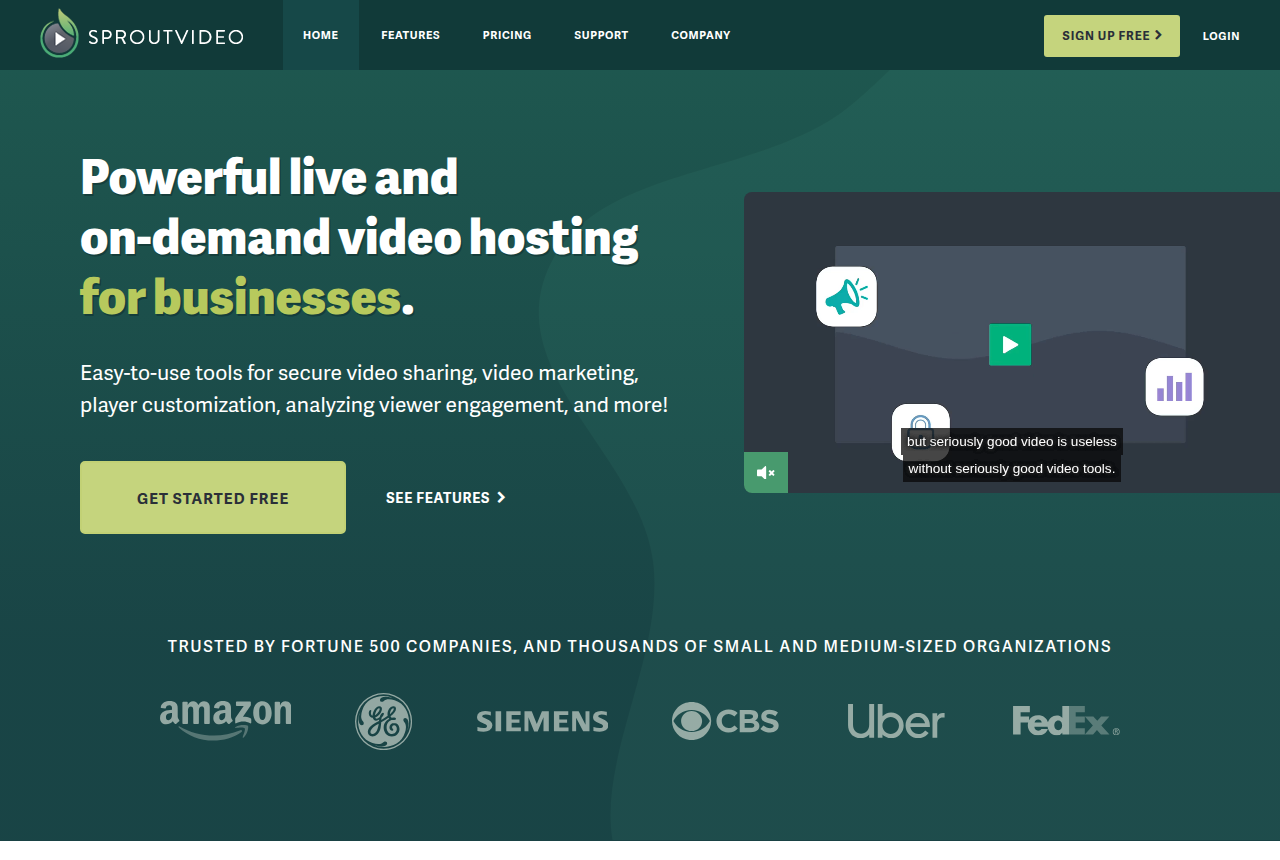 The SproutVideo home page, headlined live and on-demand video hosting for businesses, with Get Started Free and See Features buttons