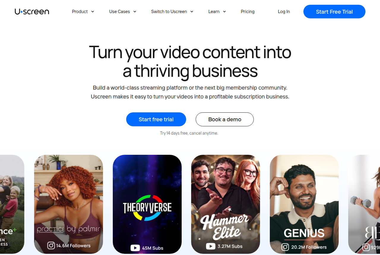 The Uscreen home page, headed "Turn your video content into a thriving business", with a Start free trial button