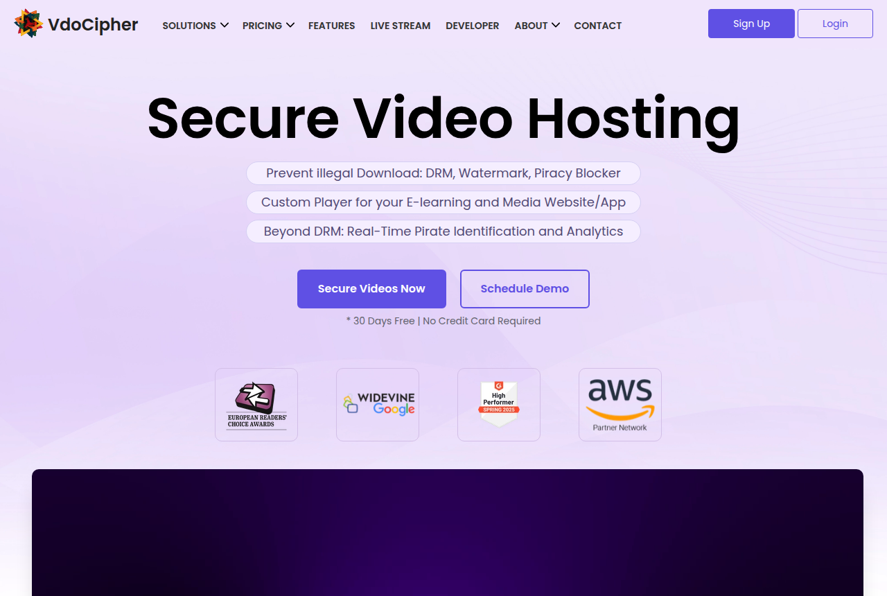 The VdoCipher home page, headed "Secure Video Hosting", with the line "Prevent illegal Download: DRM, Watermark, Piracy Blocker" and Secure Videos Now and Schedule Demo buttons.
