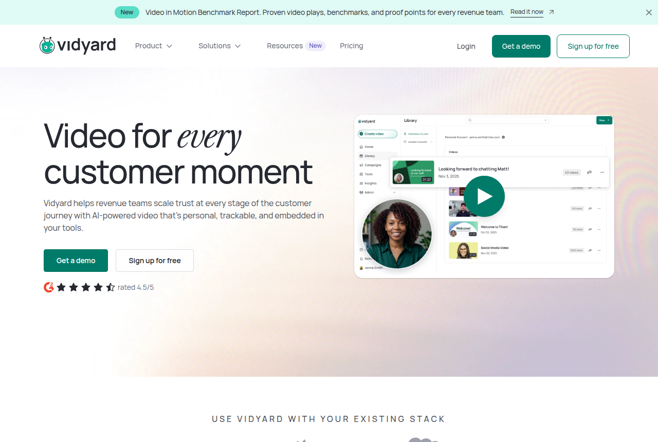 The Vidyard home page, headed "Video for every customer moment", describing AI-powered video that is personal, trackable and embedded in your tools, with Get a demo and Sign up for free buttons.