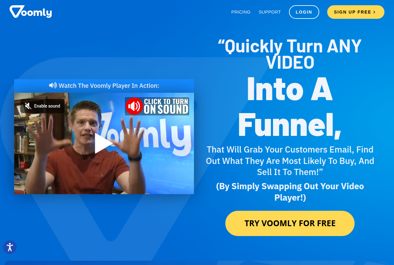 The Voomly home page, showing its pitch to turn any video into a funnel by swapping the player